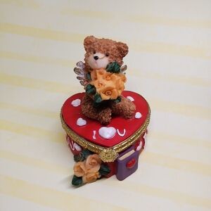 Heart-Shaped Red Trinket Box with Angel Bear, Book and Orange Rose Flowers